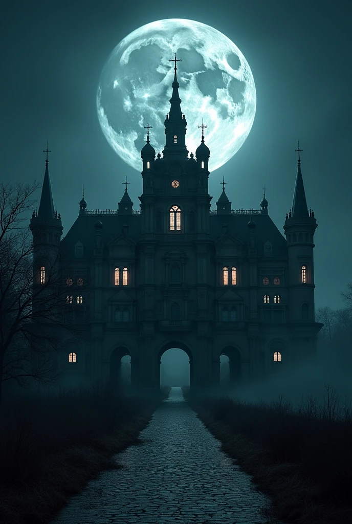 An image with a dark theme that takes us into the mysterious world of cinema,Huge full moon,Baroque architecture