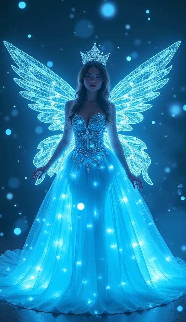 The image depicts a person in a stunning, glowing blue dress adorned with numerous lights, giving it a magical, ethereal appearance. The individual is also wearing a crown and has large, intricate wings that also emit a blue glow. The entire scene is filled with floating blue lights, enhancing the enchanting, otherworldly atmosphere. The dress and wings together create a fairy-like or angelic visual effect.