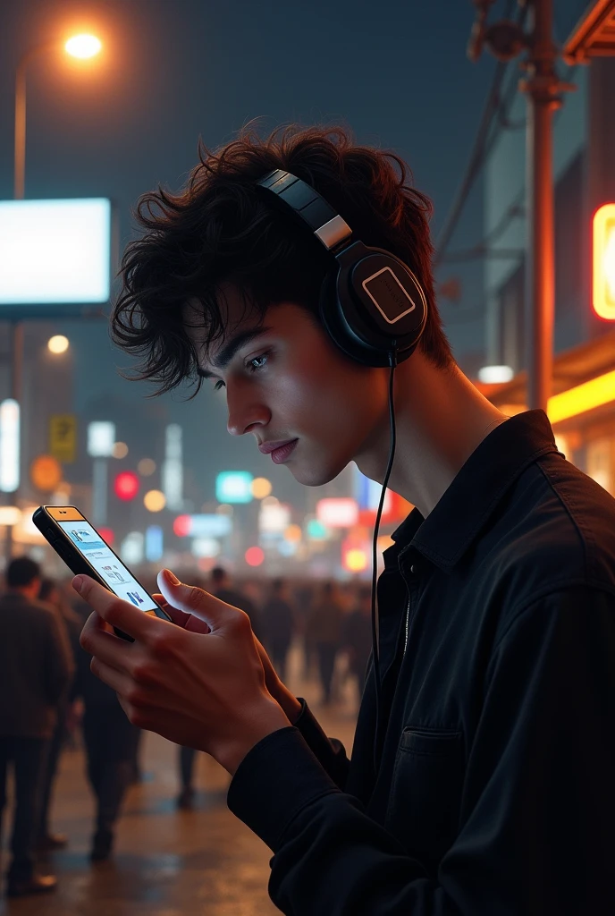 (photorealism:1.2), a handsome young man((Ariel Noah is the vocalist of the band.)), He was sitting with his head bowed, looking at the phone he was holding., black slim fit shirt, heaDphones, front camera, the street light shines on him, at a small cafe on the edge of the road at night, crowded with people, muda mudi, street lamps, a billboard, poster, road sign, traffic lights, electric pole, direction sign