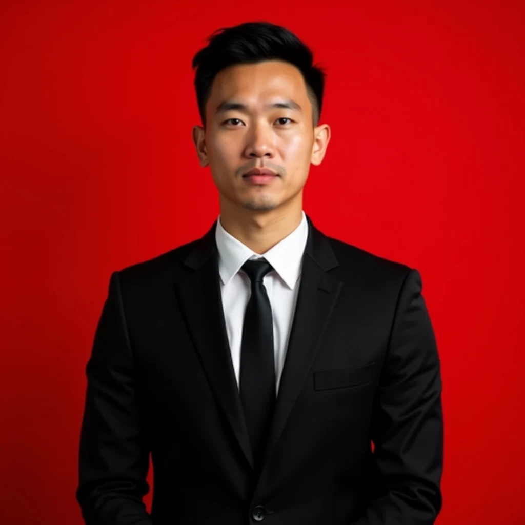 A professional potrait of a indonesian man , short hair , wearing black suit , white shirt , black tie , he looking against a solid red background , looking directly at the camera wiht a neutral expression , simetris , the lighthing is even , highlighthing the formak and clean appearance of the subject