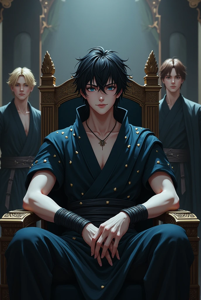 a young king 25 age black hair very white skin deep ocean blue eye sitting on throne, wearing a straight black wristband and black warrior outfit without crown but hes oufit have do dot needles. behind of king 3 guys standing. 1 guy blonde 2 guy brunette. king smiles sarcastically looks intelligence. background is royal palace but looks dark and stifling.