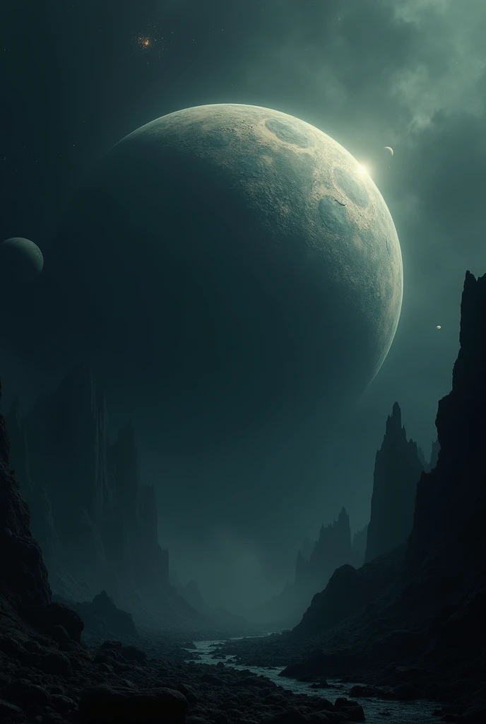 a massive dark planet in the void of space, eerie mysterious atmosphere, lovecraftian horror, dark cosmic fantasy, unsettling and foreboding ambience, highly detailed, dark and gloomy, dramatic lighting, cinematic composition, muted color palette, ominous and mysterious, otherworldly and alien, digital art, concept art, award winning, intricate details, dramatic shadows and highlights, stunning visual effects