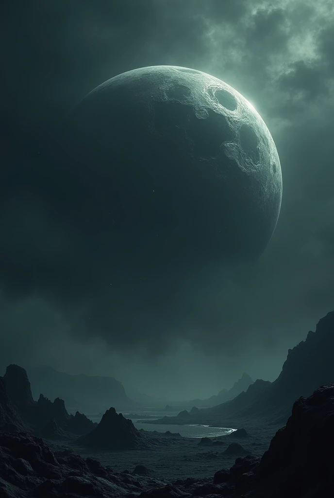 a massive dark planet in the void of space, eerie mysterious atmosphere, lovecraftian horror, dark cosmic fantasy, unsettling and foreboding ambience, highly detailed, dark and gloomy, dramatic lighting, cinematic composition, muted color palette, ominous and mysterious, otherworldly and alien, digital art, concept art, award winning, intricate details, dramatic shadows and highlights, stunning visual effects
