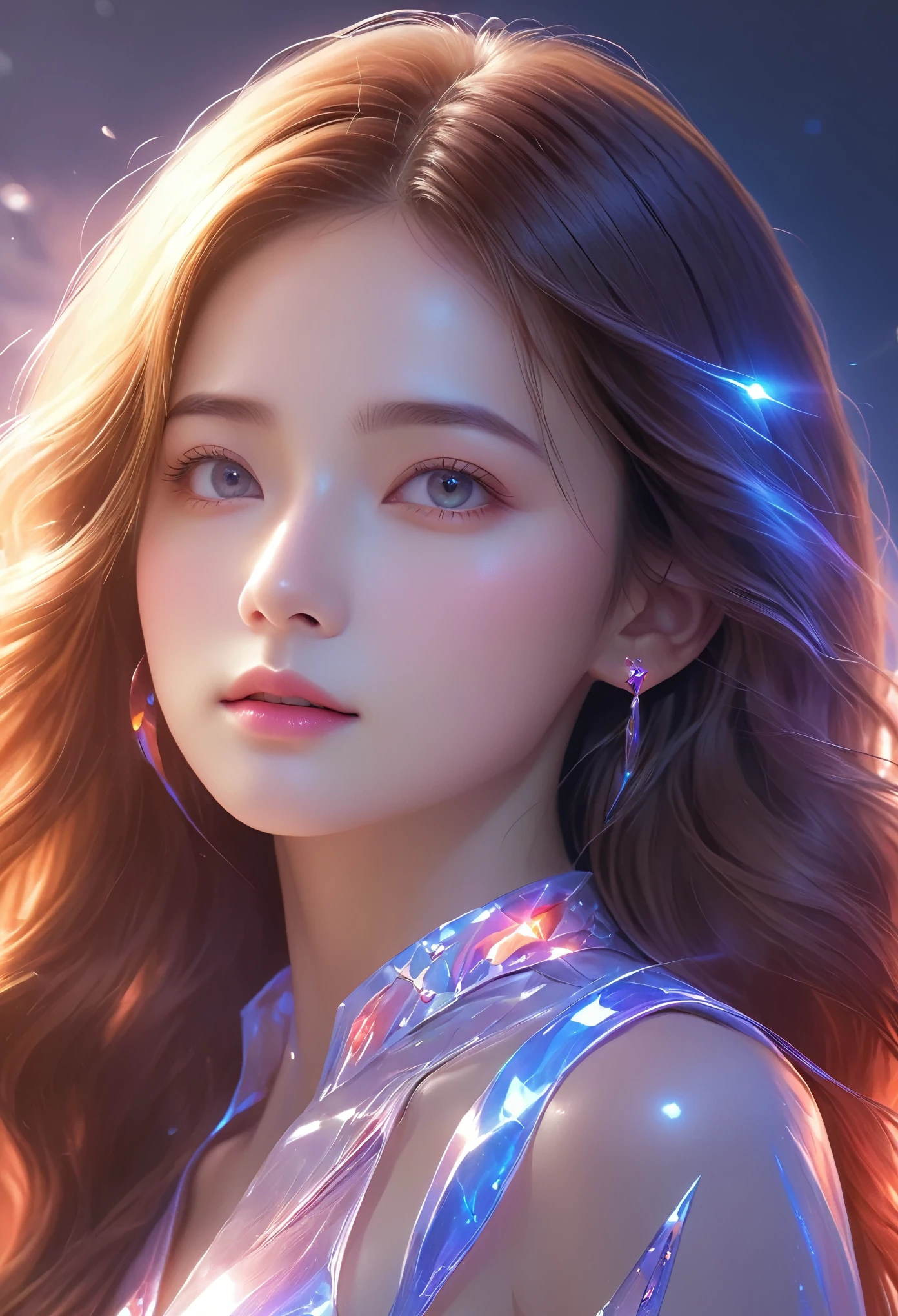 Fluorescent Color, 1 girl, Look to the side, Pretty Face, beautiful eyes, (Shoulder: 1.2), Upper Body, Shiny hair, Glowing skin, Reduce glare emissions, The fingers are in good proportion, dark, Throw, Dynamic Angle, (((Main Part))), (((Better quality))), ((Ultra Detailed)), (illustration), (Detail Light), ((Extremely exquisite and beautiful)), dramatic_shadow, Rays_track, reflection, Ultra-high resolution, laser, Red Cliff
