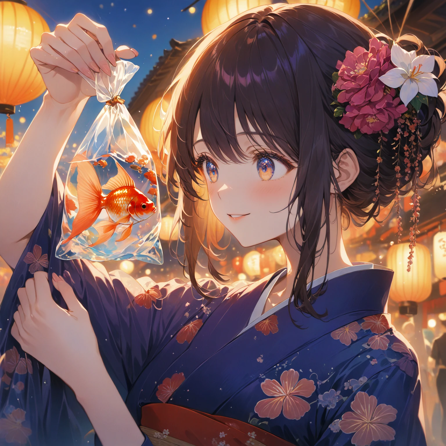 score_9_up, score_9, score_8_up, score_7_up, source_anime,masterpiece, best quality, high resolution, extremely detailed CG, absurdres, highres,On the evening of the summer festival, 1girl, solo, a girl in a yukata holds a goldfish in a small transparent plastic bag. The girl lifts the bag in front of her eyes and looks at the goldfish with a gentle smile, good_hands, Long eyelashes, detailed beautiful eyes, looking away