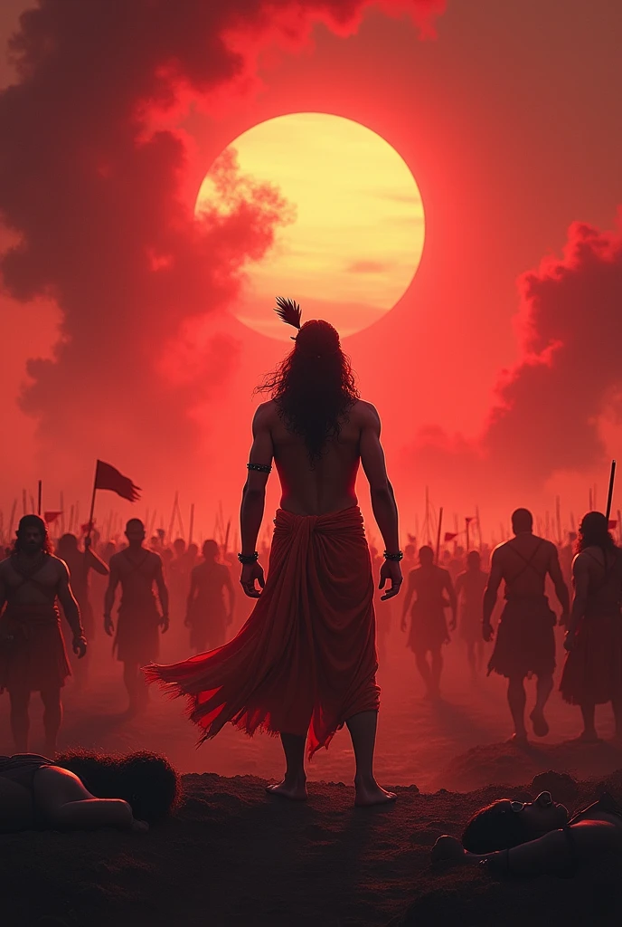 As the sun dipped below the horizon, casting a blood-red hue over the battlefield of Kurukshetra, Lord Krishna stood amidst the carnage with an aura of divine intensity. The evening sky mirrored the chaos of the war, where countless Kauravas had met their end under the relentless onslaught. The air was thick with the echoes of clashing weapons and the cries of fallen warriors. Amidst this chaos, Krishna's presence seemed both serene and formidable, his gaze fixed upon the unfolding drama of fate and dharma