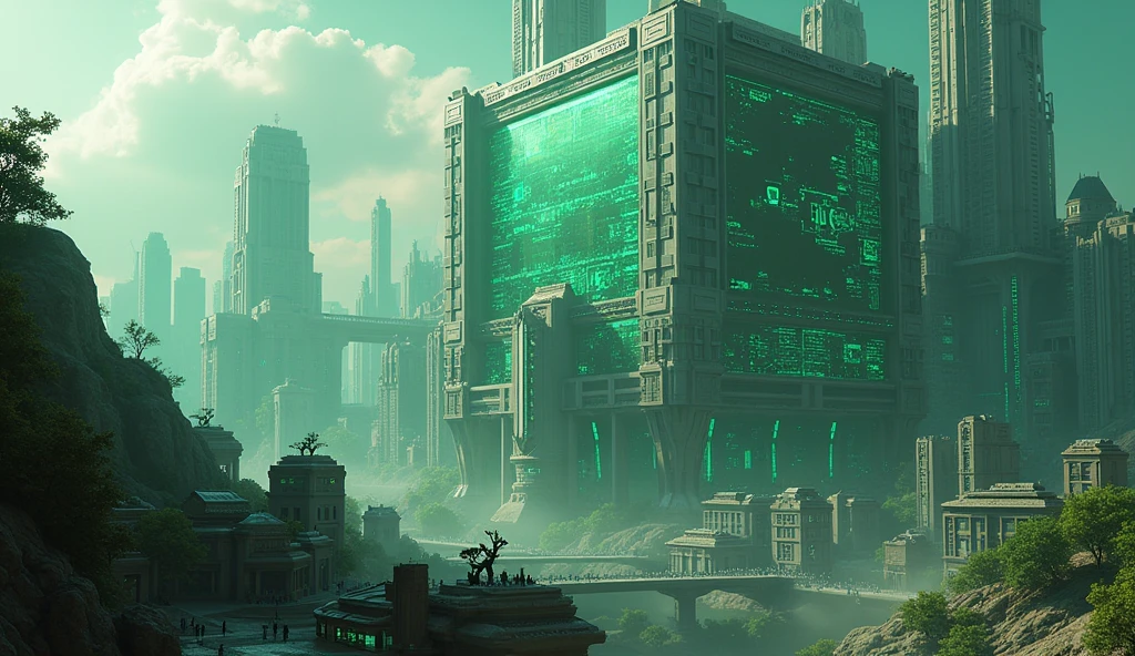 big scifi city on space cube station, above on the space, grey futuristic city, hologram, LED lighting on scifi building, green city, 8K, full HD, 3d render, Unreal Engine, Octance Render