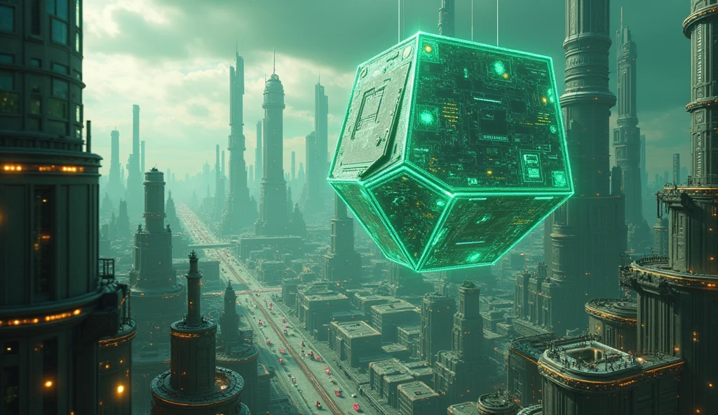 big scifi city on space cube station, above on the space, grey futuristic city, hologram, LED lighting on scifi building, green city, 8K, full HD, 3d render, Unreal Engine, Octance Render