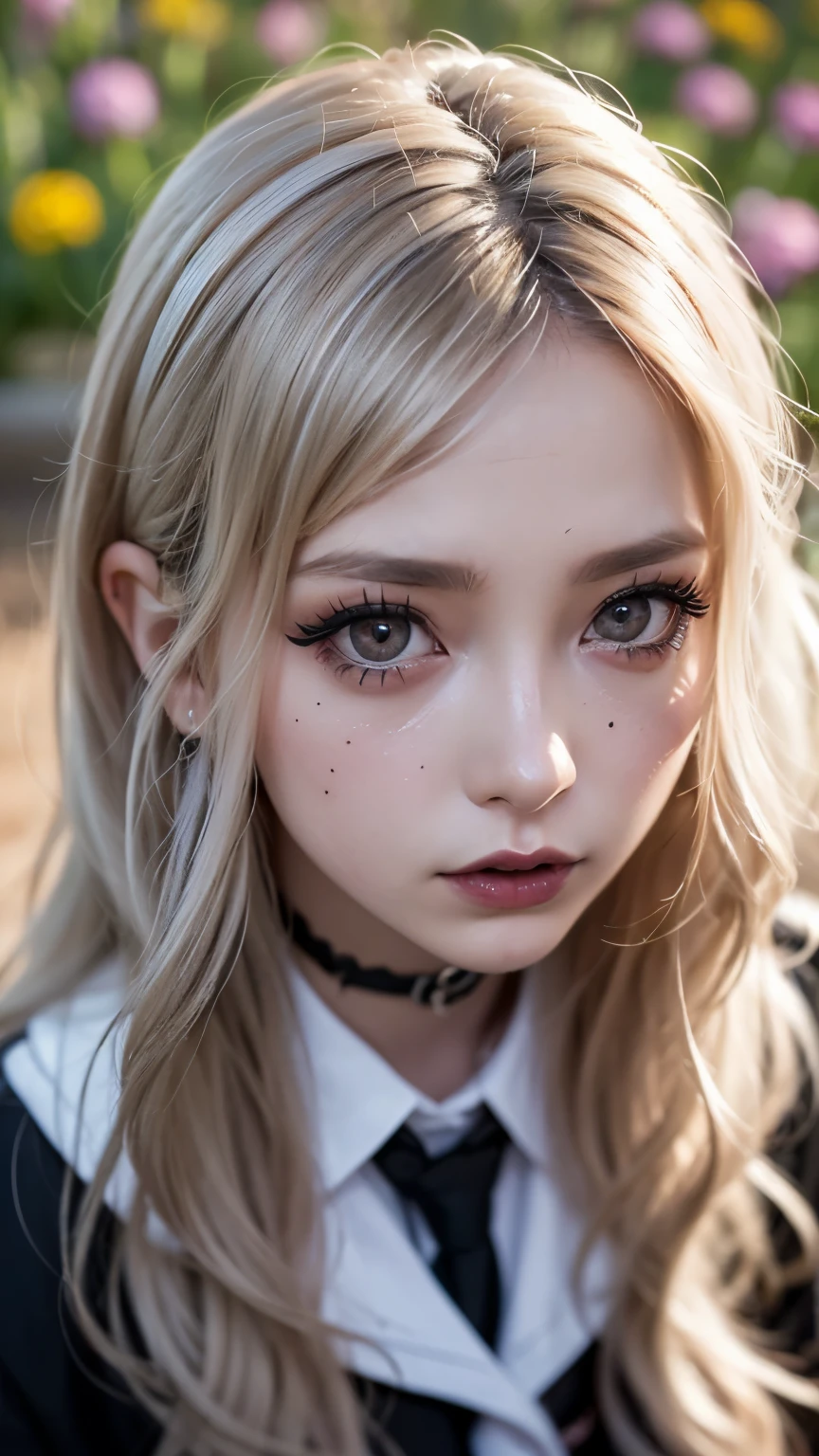 Realistic, masterpiece, Highest quality, Highest Resolution, Japanese schoolgirl, , Upper body photo, Looks sleepy, inattention, Open your mouth, Beautiful and detailed eye drawing, (Droopy eyes:1.3), Dark Eyes, Thin eyebrows, Draw eyelashes carefully, Eyelash extensions, Gal Makeup, Orange Cheek,  (Brown and white wavy hair with white mesh, Long Hair, middle part:1.3), (Hidden eyelid wrinkles:1.3), (Gothic uniform:1.2), (The subject was photographed from above at an angle:1.3), (Flower Field:1.3), (Face close-up, Stand up and try to impress the audience:1.5)