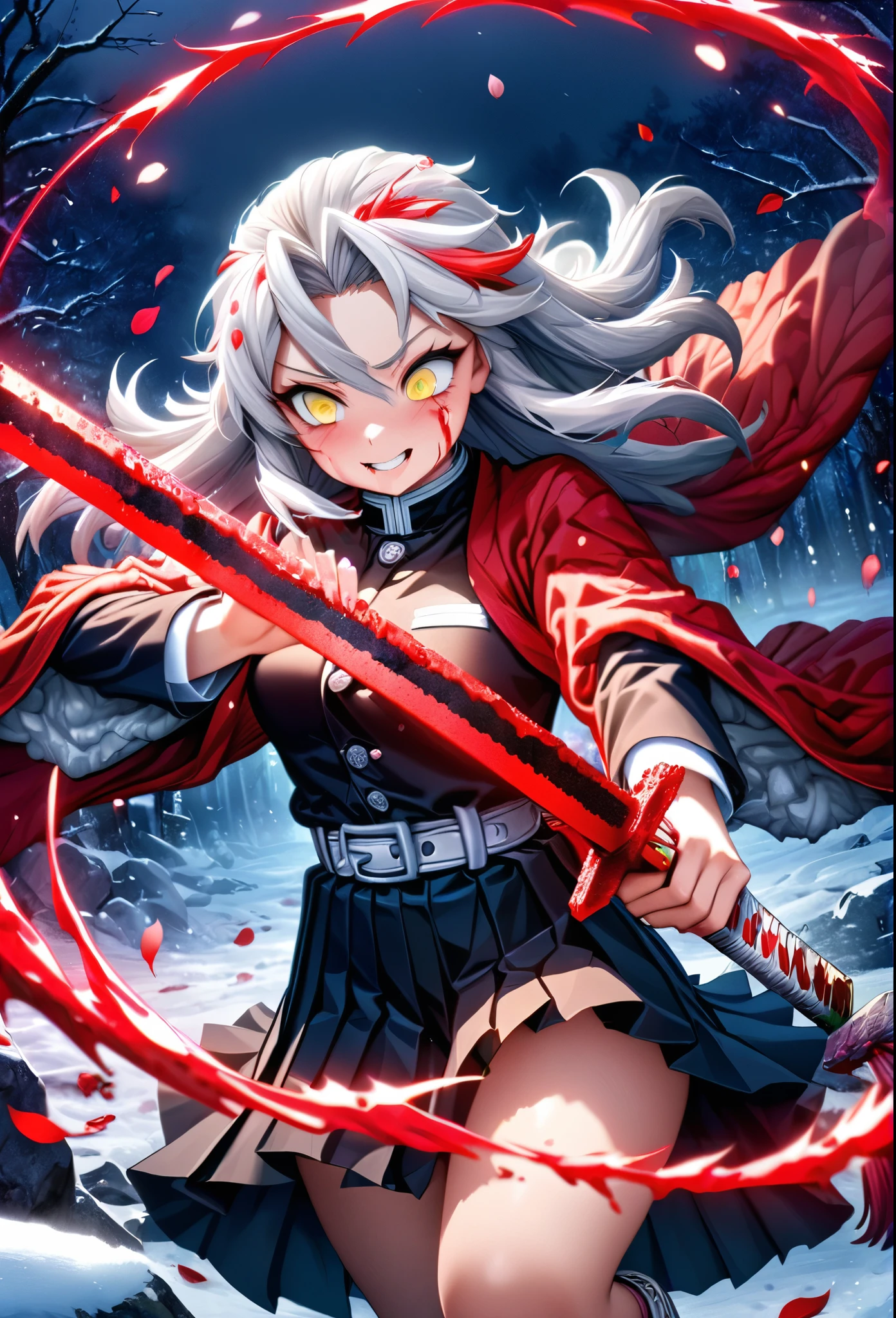Ultra detailed, highres, absurdres, HDR, master piece, anime girl, pretty woman, white long hair with red streaks, expressive yellow eyes, red haori with patters of blood, black demon slayer uniform, Kimetsu No Yaiba, fantasy, petals, pretty, woman grabbing a sword, solo, magic, shining red blood details, night, best quality, extremely detailed face and eyes, blood, grabbing a sword, fighting, smilling, psychopath simile, blood power, snowy florest, snow, the girl is hurt and bleeding