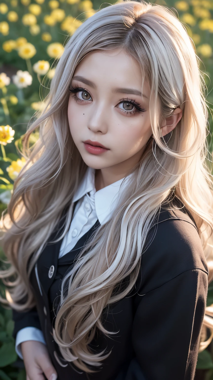 Realistic, masterpiece, Highest quality, Highest Resolution, Japanese schoolgirl, , Upper body photo, Looks sleepy, inattention, Open your mouth, Beautiful and detailed eye drawing, (Droopy eyes:1.3), Dark Eyes, Thin eyebrows, Draw eyelashes carefully, Eyelash extensions, Gal Makeup, Orange Cheek, (Brown and white wavy hair with white mesh, Long Hair, middle part:1.3), (Hidden eyelid wrinkles:1.3), (Gothic uniform:1.2), (The subject was photographed from above at an angle:1.3), (Flower Field:1.3), (Face close-up, Stand up and try to impress the audience:1.5)