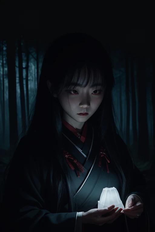 Japanese Horror,Ghost woman,Spiritual,curse,masterpiece,best quality,super detailed,super fine illustration,8k,BREAK山,forest,Ox Three Times,Late Night,detailed background,