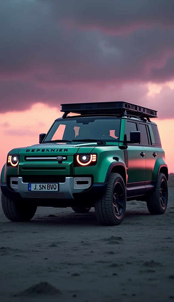 Brand new land rover greenish colour with ceramic coating, defender 110 with roof rack defender and side mounted gear carrier, dark violet sky. Gray soil