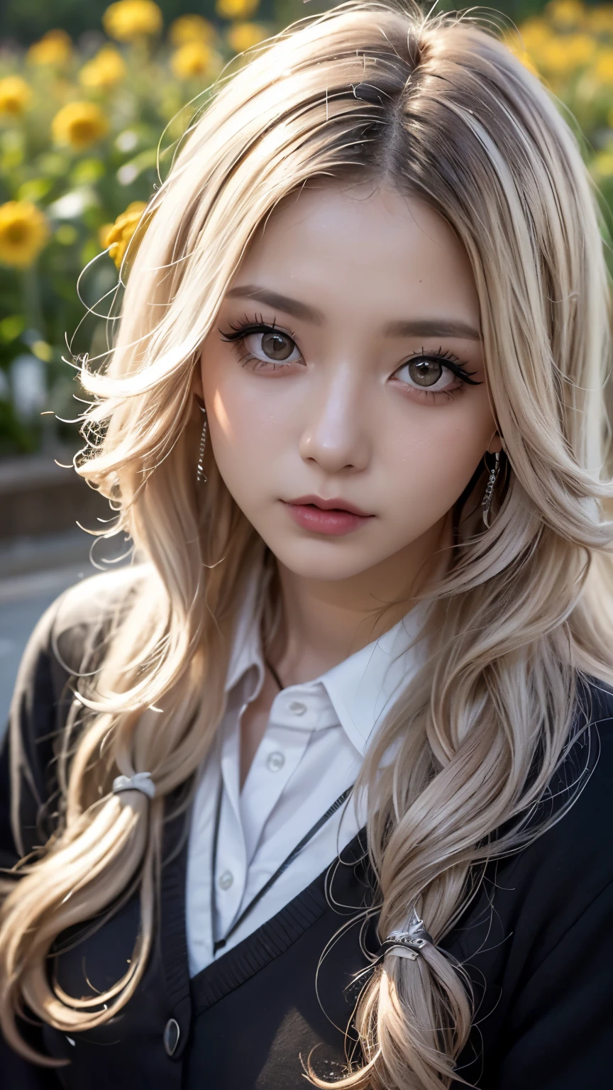 Realistic, masterpiece, Highest quality, Highest Resolution, Japanese girl, , Upper body photo, Looks sleepy, inattention, Open your mouth, Beautiful and detailed eye drawing, (Droopy eyes:1.3), Dark Eyes, Thin eyebrows, Draw eyelashes carefully, Eyelash extensions, Gal Makeup, Orange Cheek,  (Brown and white wavy hair with white mesh, Long Hair, middle part:1.3), (Hidden eyelid wrinkles:1.3), (Gothic uniform:1.2), (The subject was photographed from above at an angle:1.3), (Flower Field:1.3), (Face close-up, Stand up and try to impress the audience:1.5)