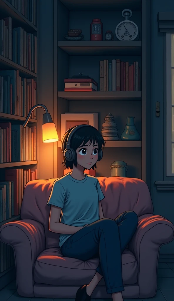 night、Listen to music in a cozy room, Using headphones, 2D-style animation, Lo-Fi, High resolution, Dark Environment