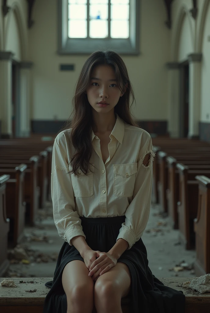 8k (realisitic) ((real photografic)) A young woman wearing a long skirt and a ripped dress shirt , sitting on the church pew legs crossed, in an old, abandoned church
