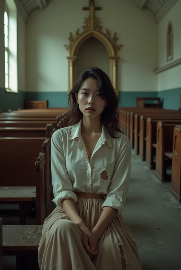 8k (realisitic) ((real photografic)) A young woman wearing a long skirt and a ripped dress shirt , sitting on the church pew legs crossed, in an old, abandoned church
