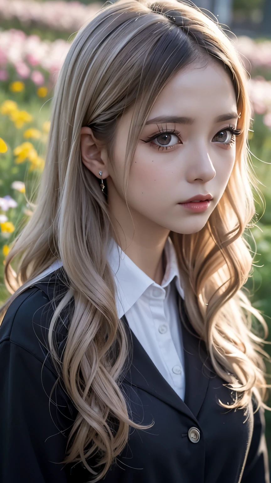 Realistic, masterpiece, Highest quality, Highest Resolution, Japanese schoolgirl, , Upper body photo, Looks sleepy, inattention, Open your mouth, Beautiful and detailed eye drawing, (Droopy eyes:1.3), Dark Eyes, Thin eyebrows, Draw eyelashes carefully, Eyelash extensions, Gal Makeup, Orange Cheek, (Brown and white wavy hair with white mesh, Long Hair, middle part:1.3), (Hidden eyelid wrinkles:1.3), (Gothic uniform:1.2), (The subject was photographed from above at an angle:1.3), (Flower Field:1.3), (Face close-up, Stand up and try to impress the audience:1.5)