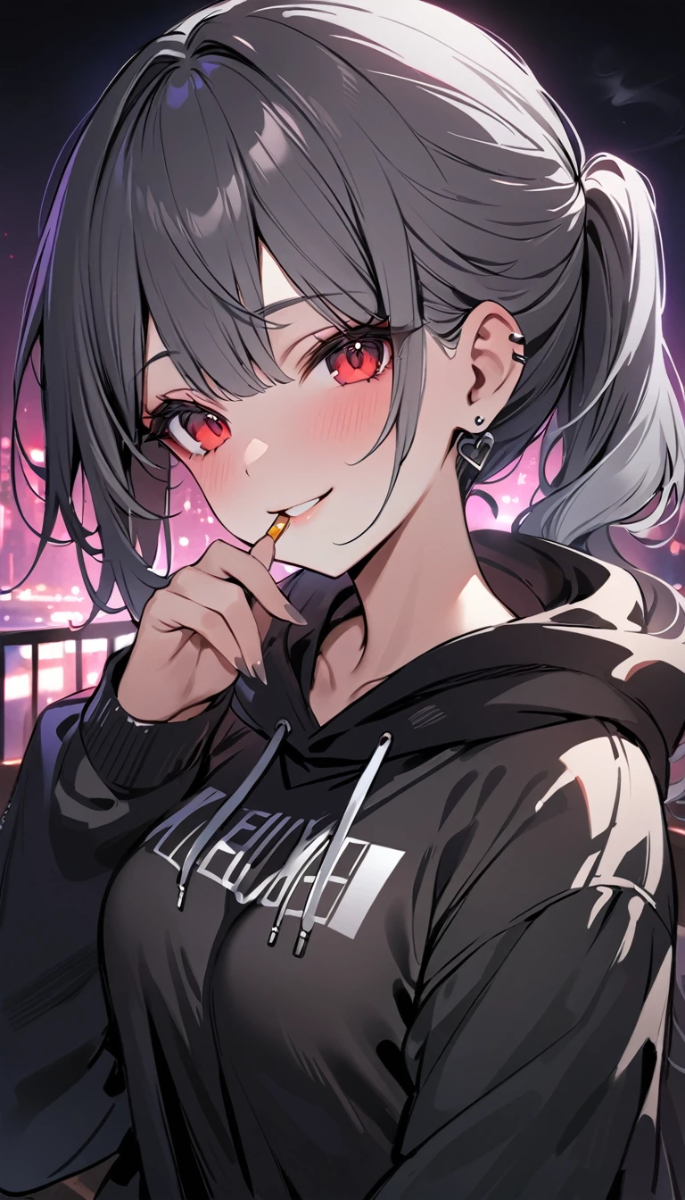 good looking, alone, 1 female, ponytail, Black hair with smoky grey tips, Striped Hair, smile,Red eyes,Earrings, Black Shirt, Black and white hooded sweatshirt, smoking, night, Black light,masterpiece, High resolution,4K