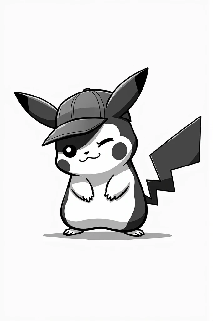 Black and white pikachu winking and wearing a backwards ball cap