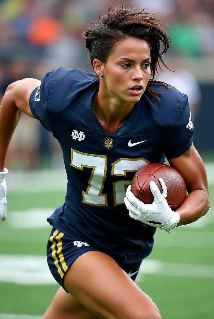 A photo of Kasey Barrett, a running back for the female Notre Dame Fighting Irish football team. Number 72. Brunette pixie cut