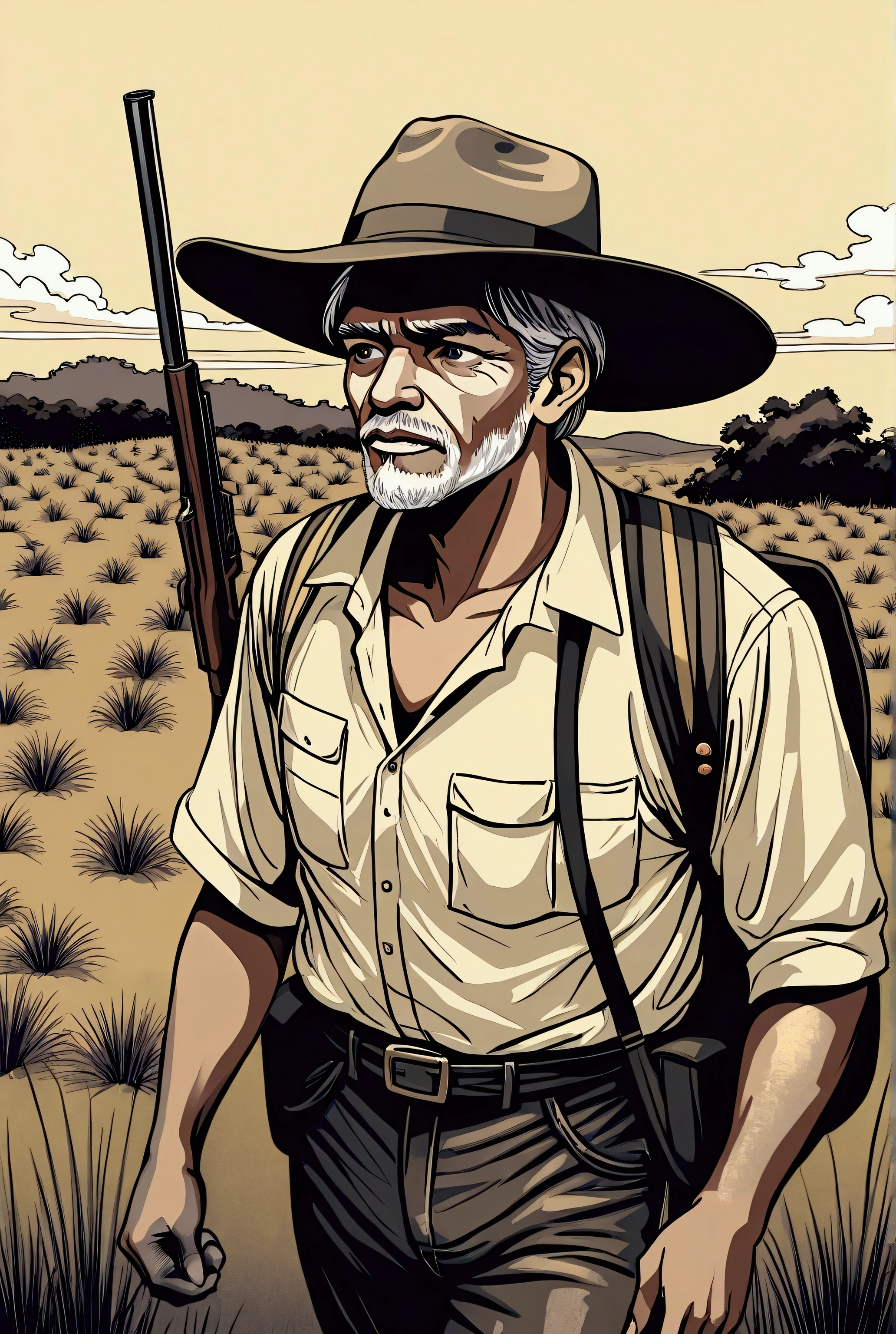 drawing of a young man riding a horse with a shotgun in his hand, his beloved on the back of the horse, closely followed by a black dog, this happens in a typical northeastern Brazilian scenario.
