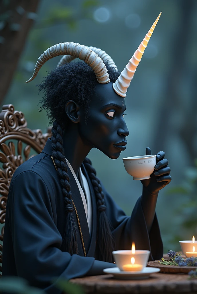 In a nocturnal ambience, a prince, with pure black skin and hair, white eyes, and a single white unicorn horn in his forehead. He drinks tea peacefully, dressed in princely clothing. His hair is curly and short, but he has two long thin braids, and his face resembles a goat