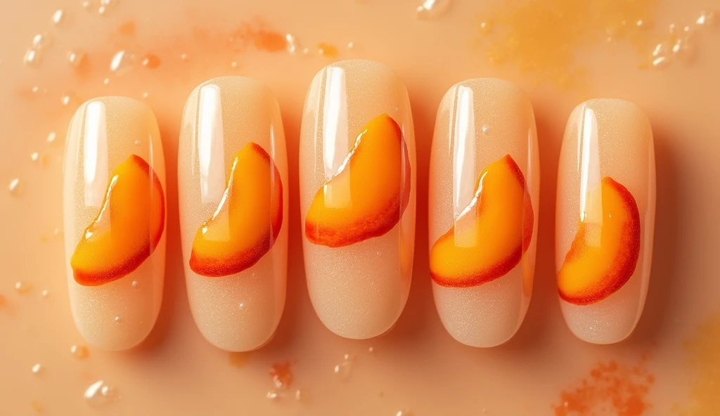 **Apricot Slice Nail Art:** This design features crescent-shaped apricot slices positioned at different angles on each nail. The slices are painted with a gradient of orange hues, capturing the juicy flesh of the apricot. The background complements the slices with a soft, textured apricot skin effect in light orange and yellow tones, giving the nails a cohesive and realistic apricot theme.