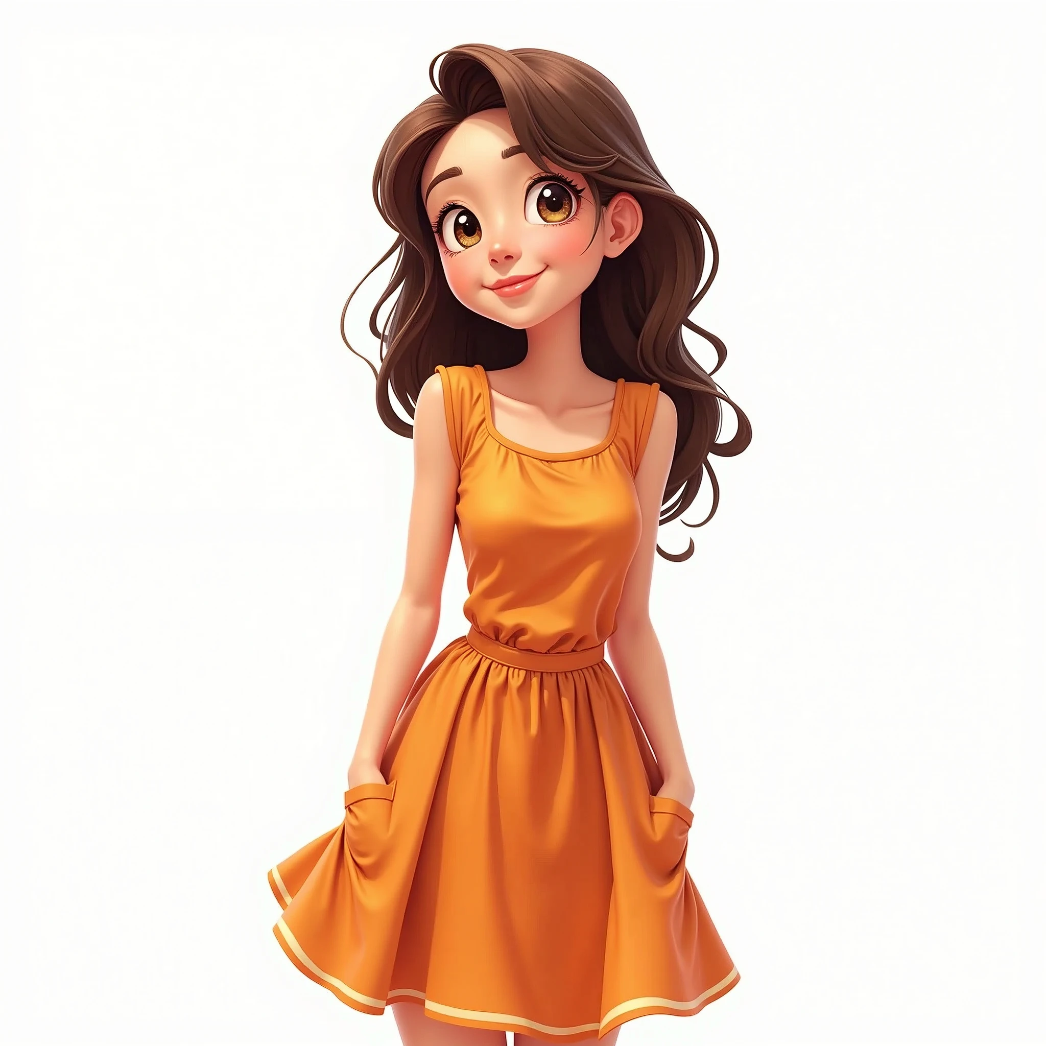 Create an image of a beautiful girl in a dress, excited and smiling. The girl should have her hands in her pockets (ensuring that the hands are not visible) and should not be carrying anything. The background should be completely white, with no other details. The girl should be looking forward with anticipation. EasyNegative, (worst quality, low quality:1.4), (((deformed))), distortions in the hands, face, and other parts, more than 1 character, hands visible