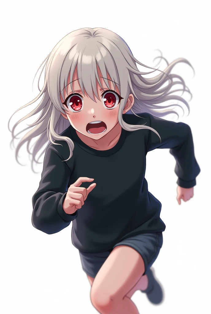 Anime girl with long white hair and red eyes wearing a black sweatshirt who is running away from someone while being scared and the background of the image is white 