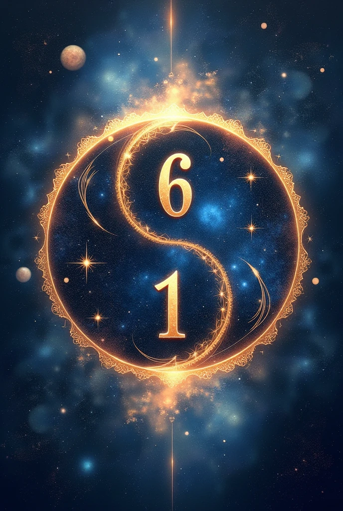 Give me the image with cosmic background the ying-yon sign in the horoscope style .The six and one willbe consists in that image