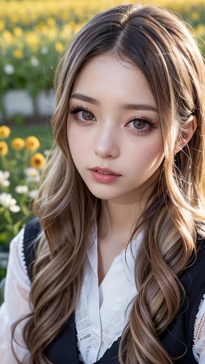 Realistic, masterpiece, Highest quality, Highest Resolution, Japanese schoolgirl, , Upper body photo, Looks sleepy, inattention, Open your mouth, Beautiful and detailed eye drawing, (Droopy eyes:1.3), Dark Eyes, Thin eyebrows, Draw eyelashes carefully, Eyelash extensions, Gal Makeup, Orange Cheek,  (Brown and white wavy hair with white mesh, Long Hair, middle part:1.3), (Hidden eyelid wrinkles:1.3), (Gothic uniform:1.2), (The subject was photographed from above at an angle:1.3), (Flower Field:1.3), (Face close-up, Stand up and try to impress the audience:1.5)