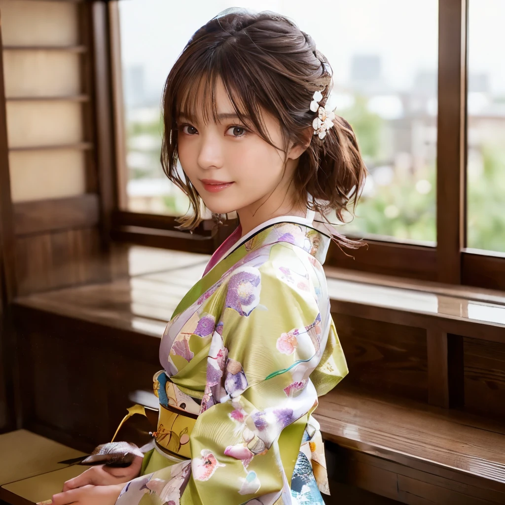 Highest quality,Super detailed,T masterpiece,Hentai Realism,Unusual photos,The lighting is bright,1 person, Camera color temperature 3800k、Very beautiful girl, (cute:1.1),A faint smile, (Brown eyes),(Dark brown hair),(With bangs),Perfect glowing skin,Perfect Skin,((erotic,Sexy and sexually explicit)),((Accurate Pointer，No discomfort)), (((kimono))),Narrow waist, View the viewer,((Big Breastsを見せるためにkimonoを捲り上げる)),((Big Breasts)),、A Japanese-style room with a terrace、Black string panties