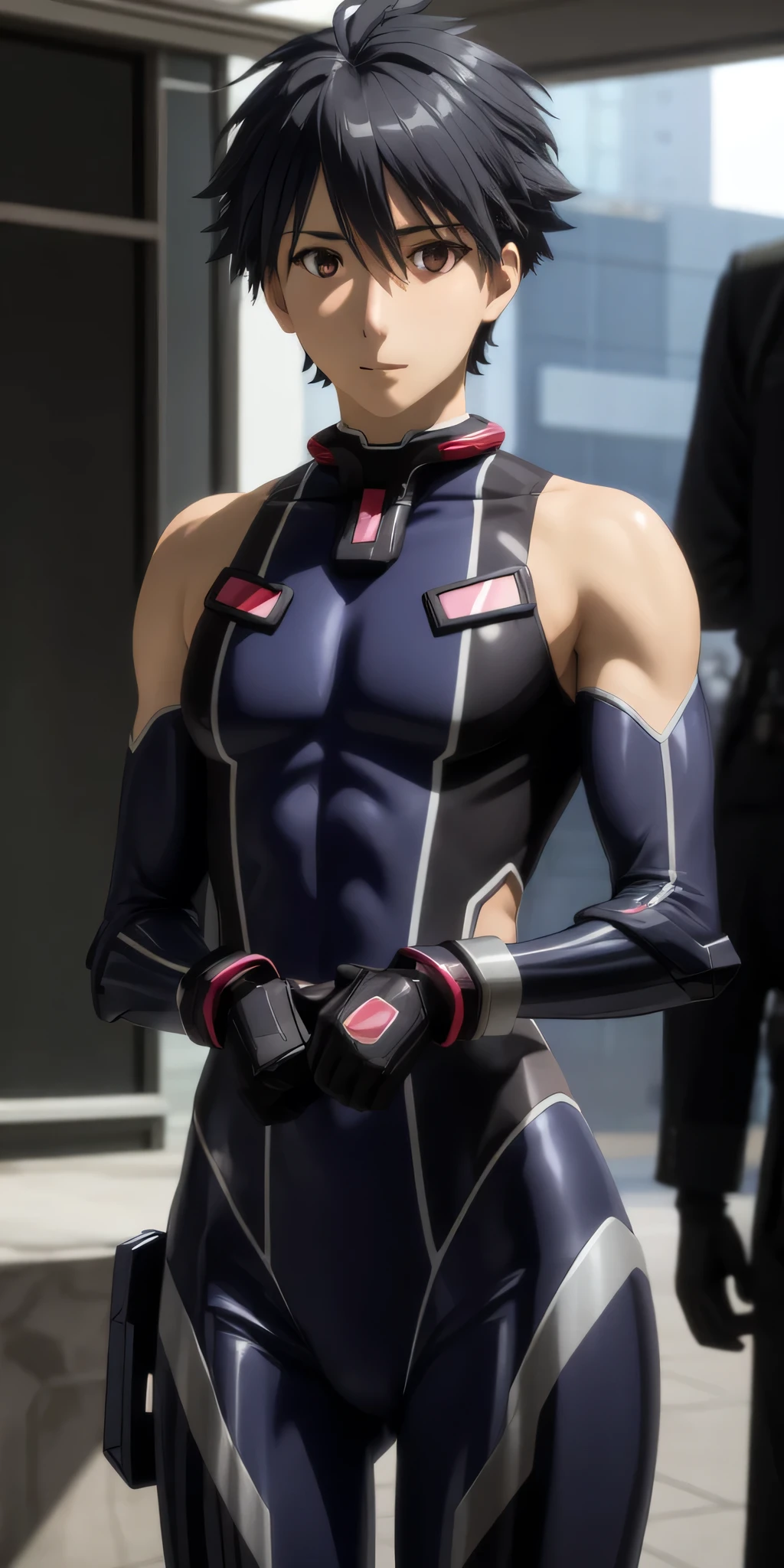 (Realistic:1.3)、kisaragi hayato\(hundred\)、Transformable Suit\(kisaragi hayato\)、Taimanin Suit、Purple bodysuit、Silver lining、No sleeve、Exposing shoulders、gloves、solo、View your viewers、Cowboy Shot、Male focus、Very snug rubber:1.3、Short Hair、bangs、Black Hair、1 person、Hair between the eyes、Black gloves、