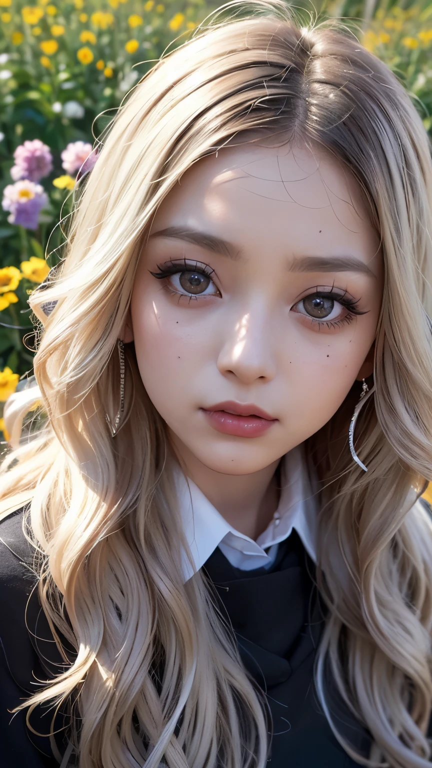 Realistic, masterpiece, Highest quality, Highest Resolution, Japanese schoolgirl, , Upper body photo, Looks sleepy, inattention, Open your mouth, Beautiful and detailed eye drawing, (Droopy eyes:1.3), Dark Eyes, Thin eyebrows, Draw eyelashes carefully, Eyelash extensions, Gal Makeup, Orange Cheek, (Brown and white wavy hair with white mesh, Long Hair, middle part:1.3), (Hidden eyelid wrinkles:1.3), (Gothic uniform:1.2), (The subject was photographed from above at an angle:1.3), (Flower Field:1.3), (Face close-up, Stand up and try to impress the audience:1.5)