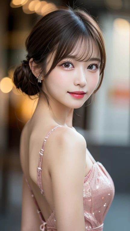  Highest quality, shape, Very detailed, finely, High resolution, 8k wallpaper, 完璧なダイナミックな構shape, finelyて美しい目,  Natural Lip, Random sexy poses,RAW Photos,cute,smile、Cabaret Dresses、Long Hair、Updo、backstyle
