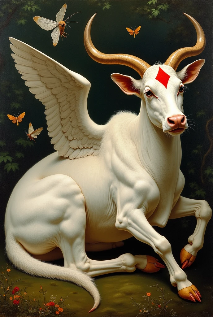 {{Masterpiece, best quality, oil painting, by Gustave Moreau, muted colors}}, the composition is: (((a dramatic portrait of a reclined winged white ox, with a red diamond shape on its forehead))). Moths flying, jungle background.