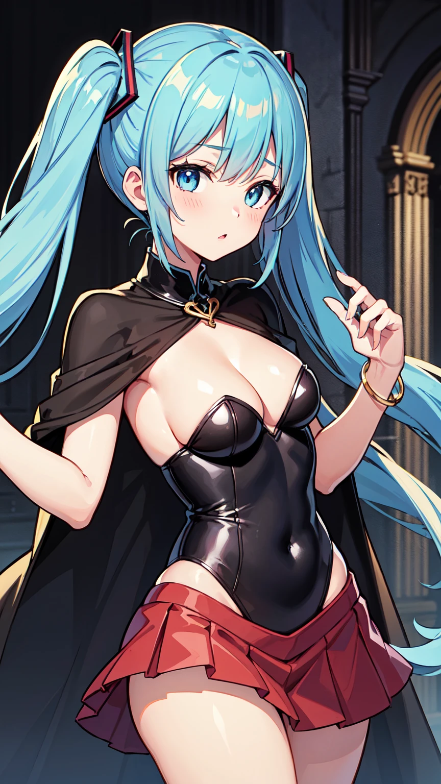 Hatsune Miku VOCALOID、Light blue eyes、Light blue hair、Dark Souls, Dim Light, Old Church, Mature Woman, slim, expensive, Long twin tails, Long black cape, ((Red leotard with long skirt)), Long skirt with diamonds, Gold bracelet, 8k, Official Style, ((European aristocracy)),
