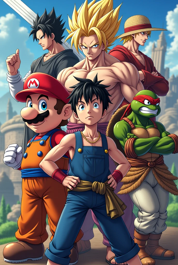 Super Mario, Super Sajajin, Raffael from the Ninja Turtles, monkey D.Ruffy, Killua Zoldyck as a group photo 
