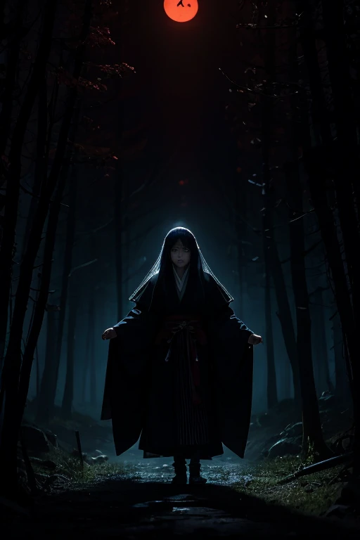 Japanese Horror,Ghost woman,Spiritual,curse,tears,masterpiece,best quality,super detailed,super fine illustration,8k,BREAK山,forest,Ox Three Times,Late Night,detailed background,