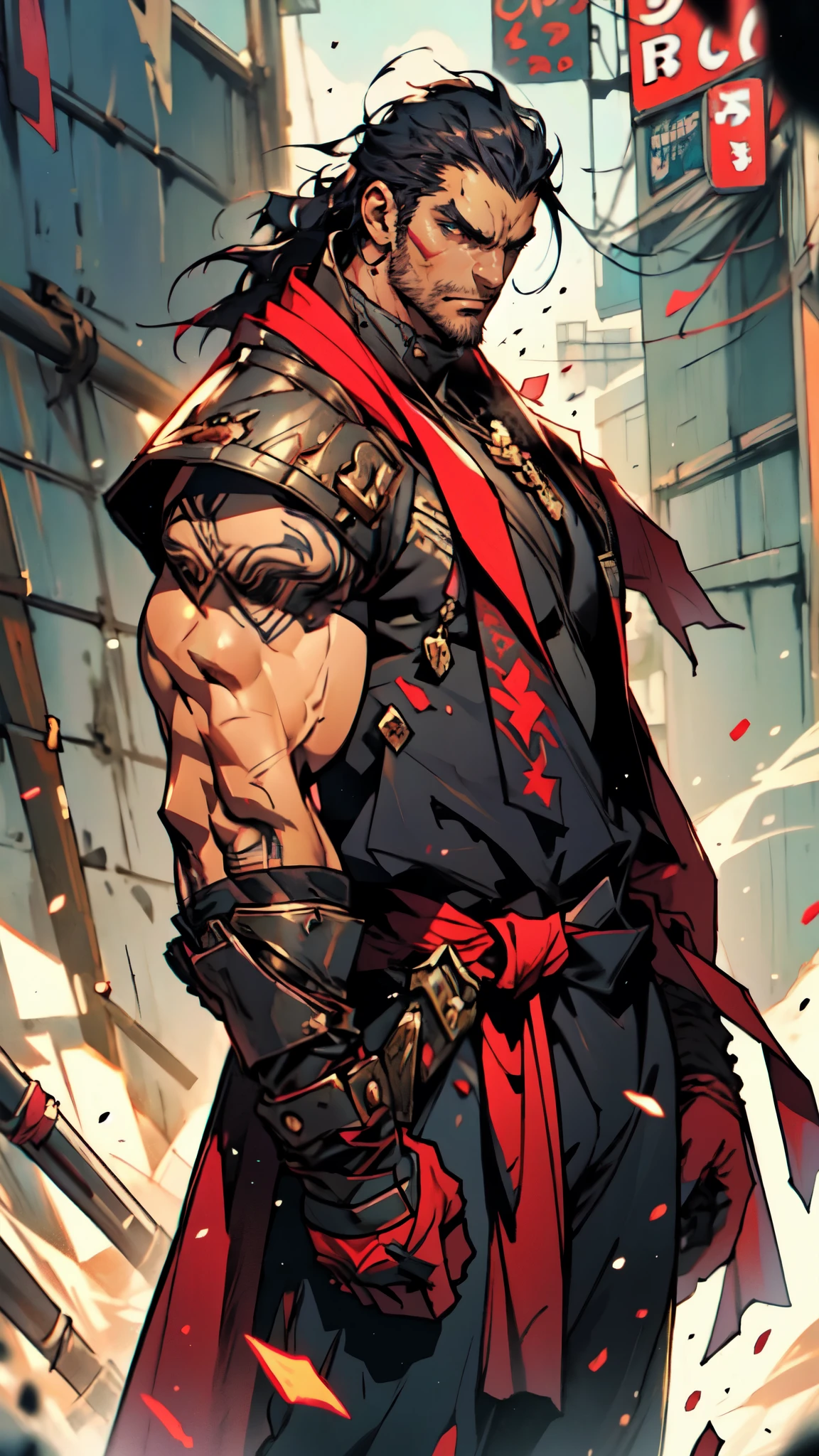 (masterpiece:1.2, best quality:1.2, extremely delicate:1.2), a middle-aged man, wild disheveled long hair streaked in red and black, a rugged and imposing face, a lightning-shaped tattoo on the left side of his face, sharp eyes, a confident smile, a tall and muscular build, a fantasy martial arts-style short-sleeved coat, form-fitting scale armor underneath, a black fur shawl drapes over his shoulders, wrist guards, matching canvas trousers, stands majestically on shattered ground, surrounded by floating debris, this character embodies a finely crafted fantasy martial arts-style overlord in anime style, exquisite and mature manga art style, dramatic, high definition, highres, ultra-detailed, ultra-fine painting, professional, perfect body proportions, golden ratio, anatomically correct, symmetrical face, extremely detailed eyes and face, high quality eyes, creativity, RAW photo, UHD, 32k, Natural light, cinematic lighting, (masterpiece-anatomy-perfect:1.2)