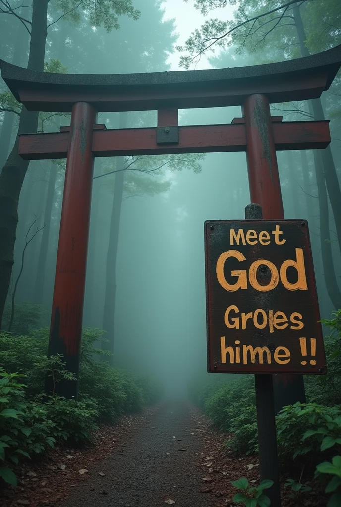 Typography sign standing at the entrance of the forest、((("Be careful because of the mystical fog ahead.!A Typography sign that reads "If you meet God」Greet him!!"")))、Sign at the entrance of a deep forest、"Misty Forest"、Mysterious Forest、Typography sign that reads "Forest where gods dwell"、"Mountain where Japanese gods dwell"、Big red torii gate、