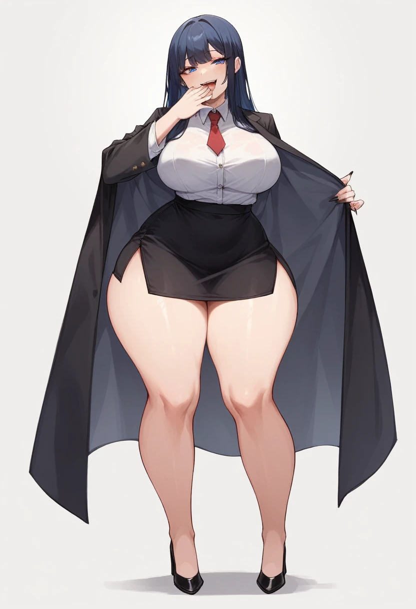 adult woman, solo, long straight hair, hair bangs, standing, dark blue hair,black blazer, white shirt, red tie, black pencil skirt, busty, thick thighs, wide hips, big soft thighs, shapely legs, black high heels, full body shown, white background,simple eyes, long fingernails, thick thighs pressed together, smug face, smug, smirk, teasing, blue eyes, entire body shown, hand covering mouth , half-lidded eyes, open mouth