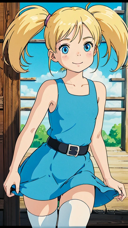 (1girl, solo, highly insanely detailed, masterpiece, top quality, best quality, highres, 4k, 8k, RAW photo),((innocent look)),((Childish)),From the front, symmetrical composition,smile,cute,Innocent,Kind eyes,Flat chest,Hairless vagina, Cameltoe,ghibli style,forest, (bubbles), (blonde hair, blue eyes, short twintails, pigtails)
(dress, sky-blue sleeveless dress, black belt, white thighhighs)