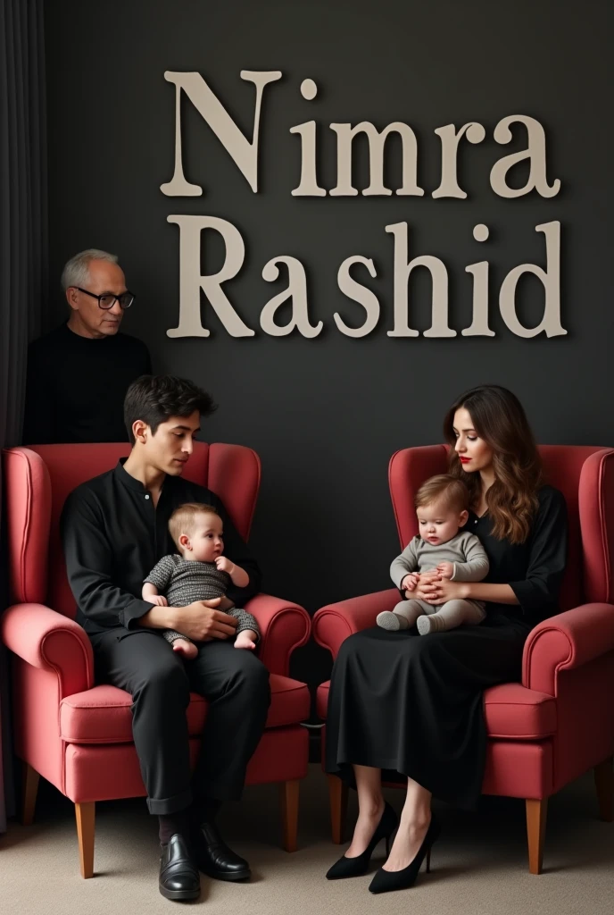 couples Casually on a wingchairs with their 2 kids  and  Looks Ahead Man With glasses. And Girl Wearing  black kurta pajama beautiful hair red lipstick with black heels, the background features '' Nimra Rashid '' in big and capital white fonts on the the black wall. there should not be his shadows.