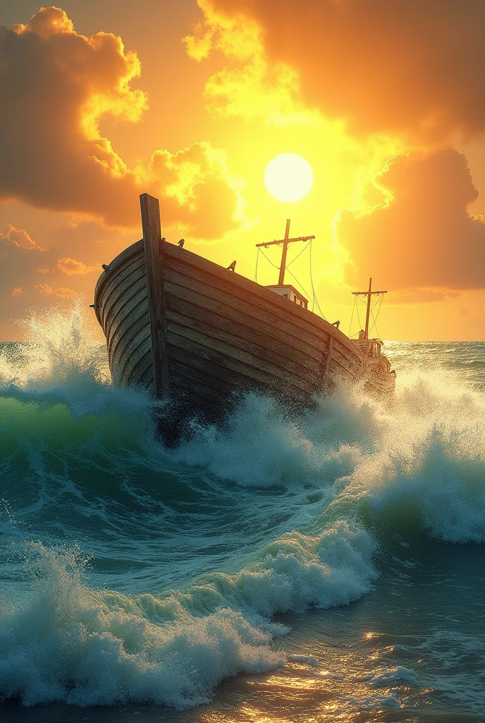 A boat is sinking, bright
