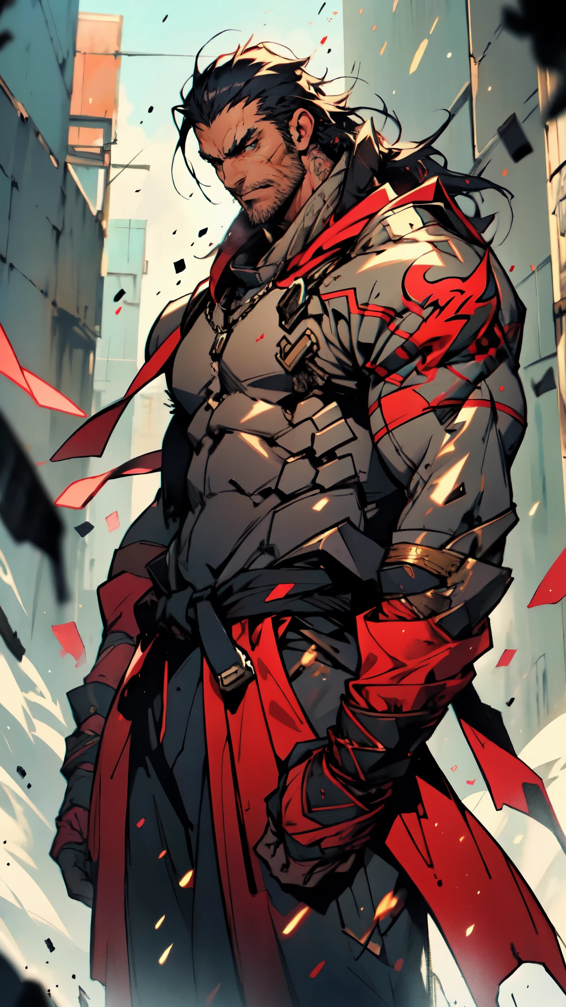 (masterpiece:1.2, best quality:1.2, extremely delicate:1.2), a middle-aged man, wild disheveled long hair streaked in red and black, a rugged and imposing face, a lightning-shaped tattoo on the left side of his face, sharp eyes, a confident smile, a tall and muscular build, a fantasy martial arts-style short-sleeved coat, form-fitting scale armor underneath, a black fur shawl drapes over his shoulders, wrist guards, matching canvas trousers, stands majestically on shattered ground, surrounded by floating debris, this character embodies a finely crafted fantasy martial arts-style overlord in anime style, exquisite and mature manga art style, dramatic, high definition, highres, ultra-detailed, ultra-fine painting, professional, perfect body proportions, golden ratio, anatomically correct, symmetrical face, extremely detailed eyes and face, high quality eyes, creativity, RAW photo, UHD, 32k, Natural light, cinematic lighting, (masterpiece-anatomy-perfect:1.2)