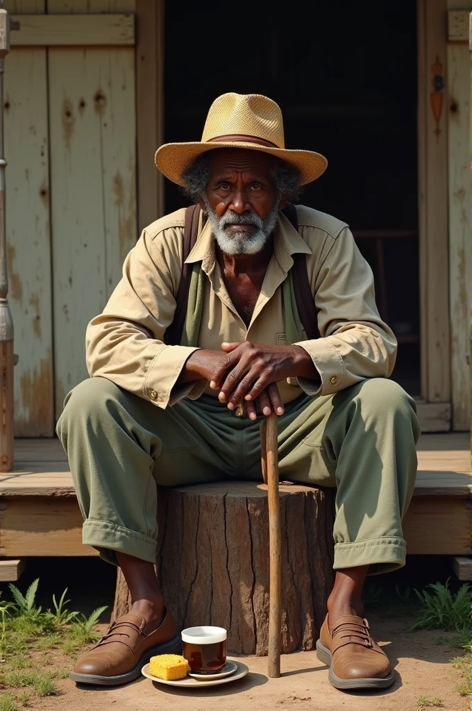 A man of advanced age, at least 75 years old, black with curly hair and white skin, sitting on a tree stump with his straw hat, this man lived as a slave and was freed, he has a cane and wears period clothing, In one hand he holds his cane resting on the ground and in the other he holds his pipe, Between his feet there is a plate with a small cup of black coffee and a cornmeal cake, He is on the porch of his wooden house