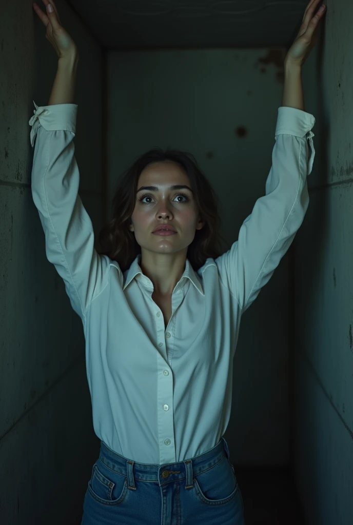 photorealistic, 8k, high quality, cinematic lighting, vibrant colors, detailed textures,one girl, wearing white buttoned long sleeve, tucked in a blue jeans, hands up, back against a cement wall, very dark basement, scared face, looking at the viewer, hands are raised upward