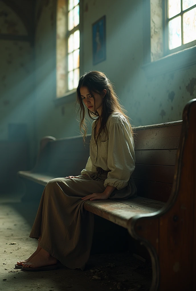 8k (realisitic) ((real photografic)) A young woman wearing a long skirt and a ripped dress shirt , sitting on the church pew legs crossed, in an old, abandoned church
